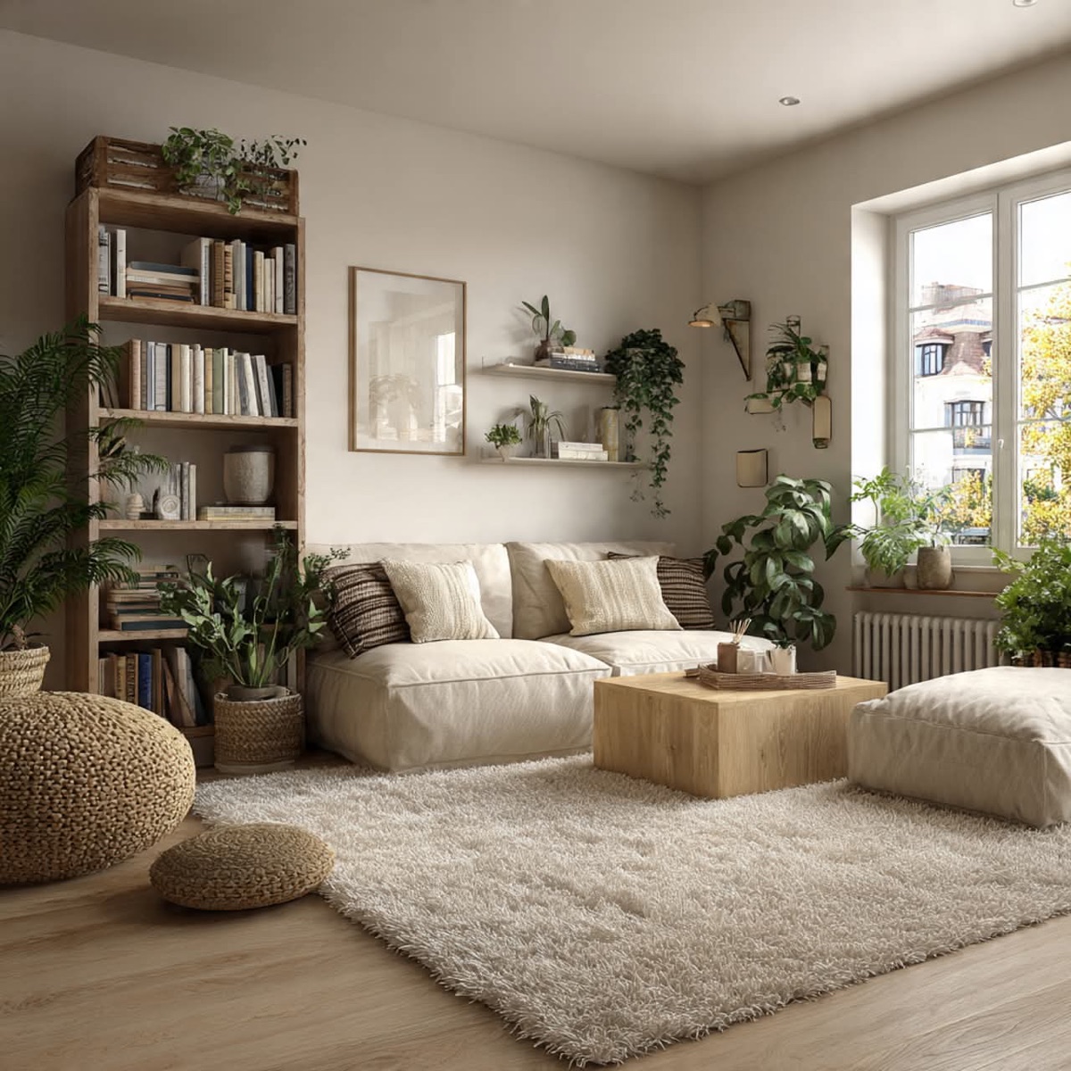 A calm, organized, plant-filled living room
